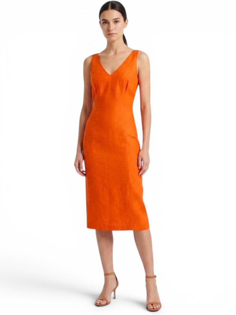 Ann Taylor Deep Orange Linen Rayon Blend Sleeveless V-Neck Sheath Midi Dress 8